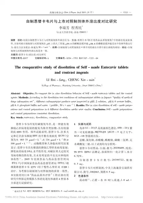 自制恩替卡韦片与上市对照制剂体外溶出度对比研究