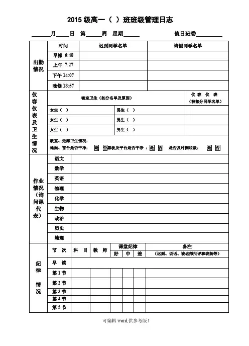 高中班级管理日志记录表
