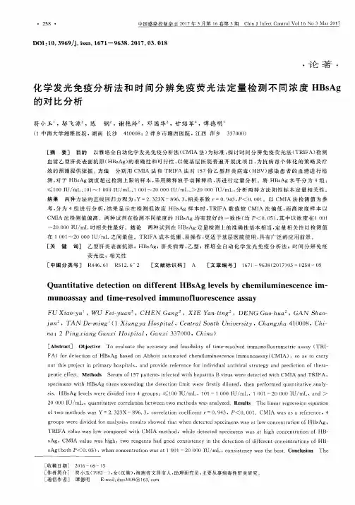 化学发光免疫分析法和时间分辨免疫荧光法定量检测不同浓度HBsAg的