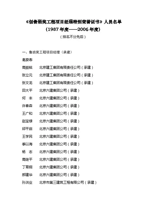 《创鲁班奖工程项目经理特别荣誉证书》人员名单(1987年度——2006年度)