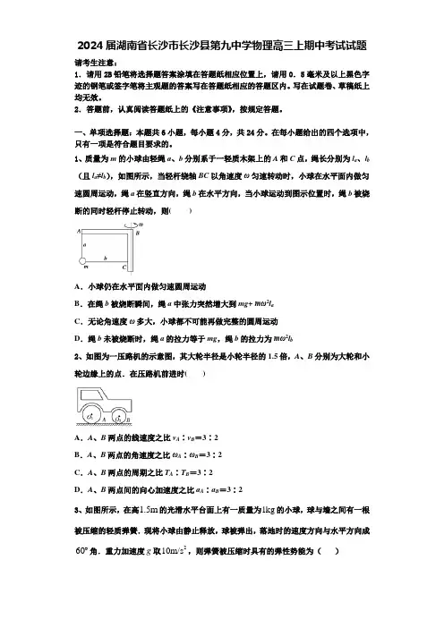 2024届湖南省长沙市长沙县第九中学物理高三上期中考试试题含解析