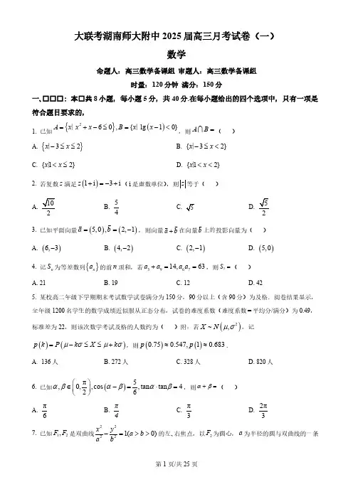 湖南省长沙市湖南师范大学附属中学2024-2025学年高三上学期月考(一)数学试题及答案