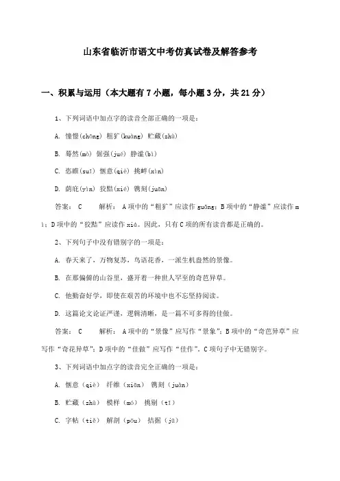 山东省临沂市语文中考试卷及解答参考