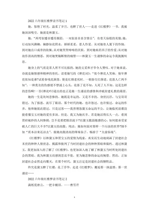 2022六年级红楼梦读书笔记