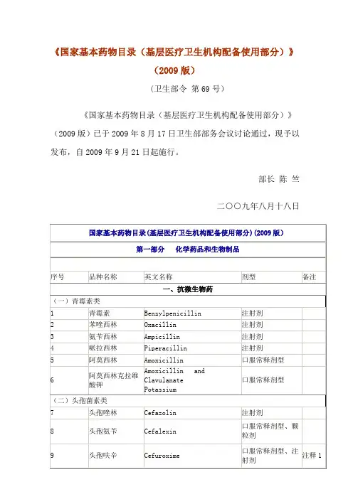 国家基本药物目录2009版