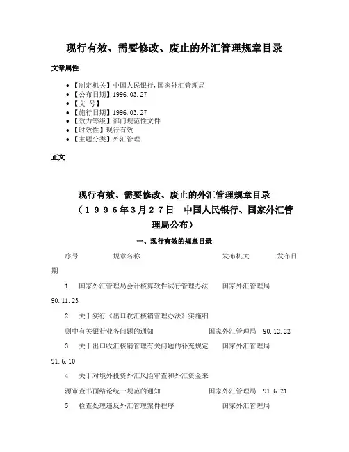 现行有效、需要修改、废止的外汇管理规章目录