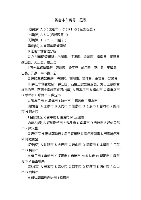 各省市车牌号一览表