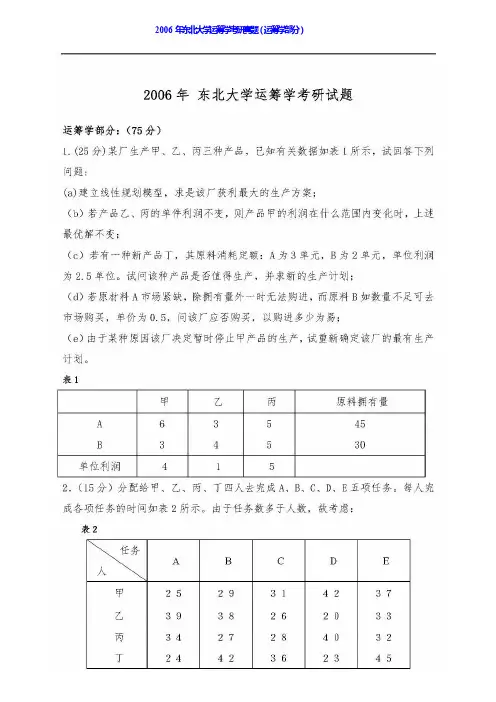 东北大学工商管理学院852运筹学历年考研真题汇编 