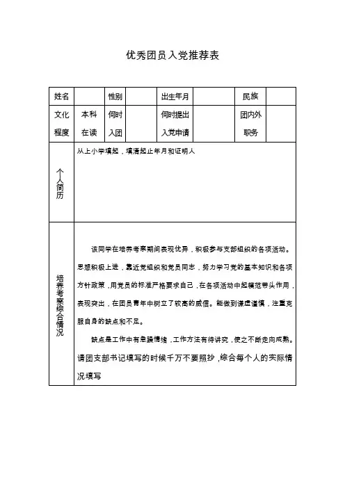 优秀团员入党推荐表填写模板