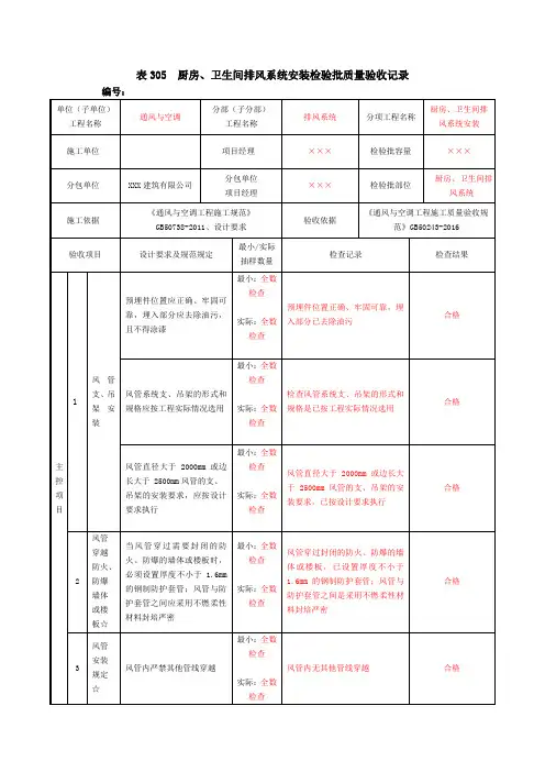 表305  厨房、卫生间排风系统安装检验批质量验收记录