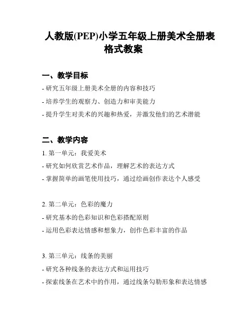 人教版(PEP)小学五年级上册美术全册表格式教案
