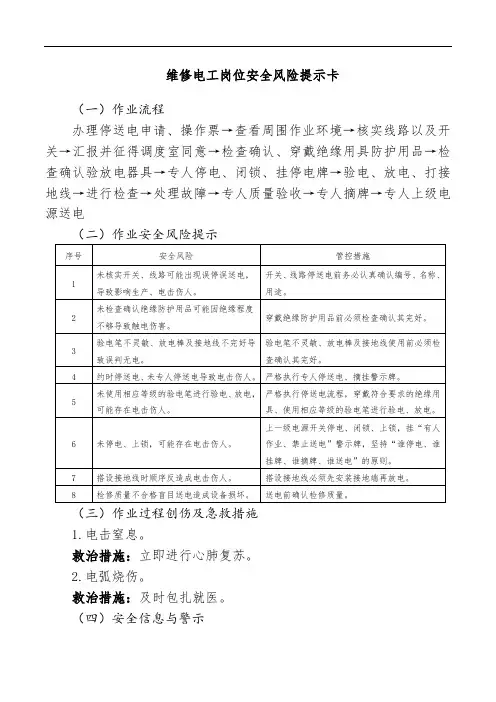 维修电工岗位安全风险提示卡