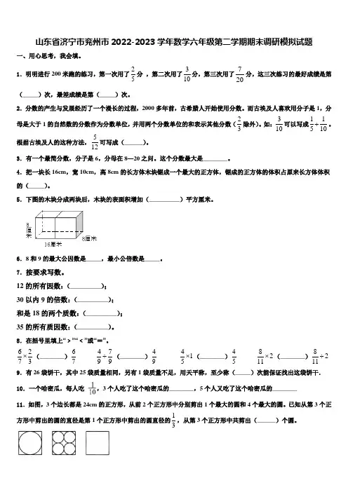 山东省济宁市兖州市2022-2023学年数学六年级第二学期期末调研模拟试题含解析