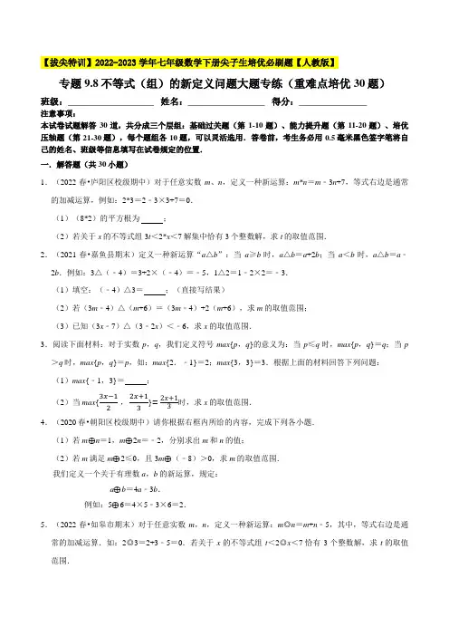 [数学]-专项9.8不等式(组)的新定义问题大题专练(重难点培优30题)-【】2022-2023学年