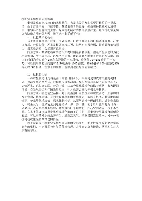枇杷常见病虫害防治指南