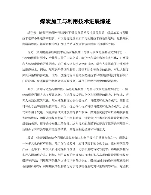 煤炭加工与利用技术进展综述