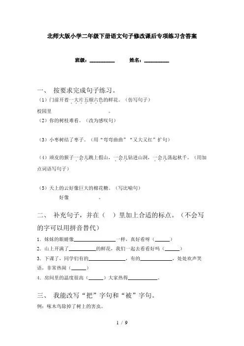 北师大版小学二年级下册语文句子修改课后专项练习含答案