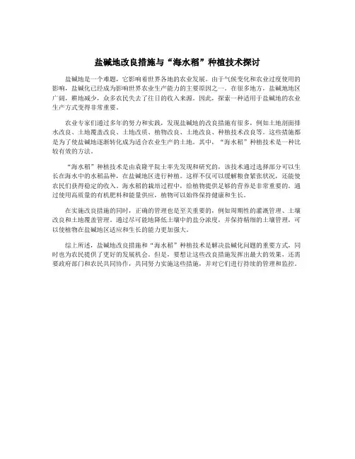盐碱地改良措施与“海水稻”种植技术探讨