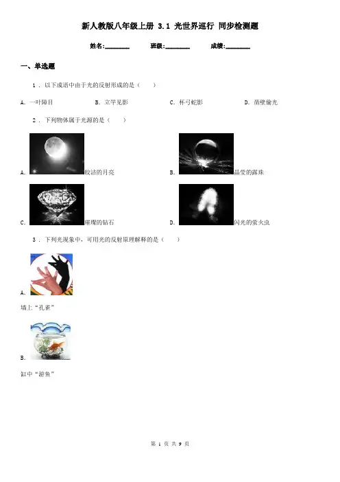 新人教版八年级物理上册 3.1 光世界巡行 同步检测题