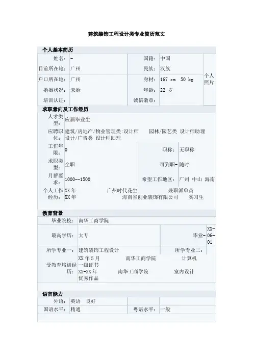 建筑装饰工程设计类专业简历范文