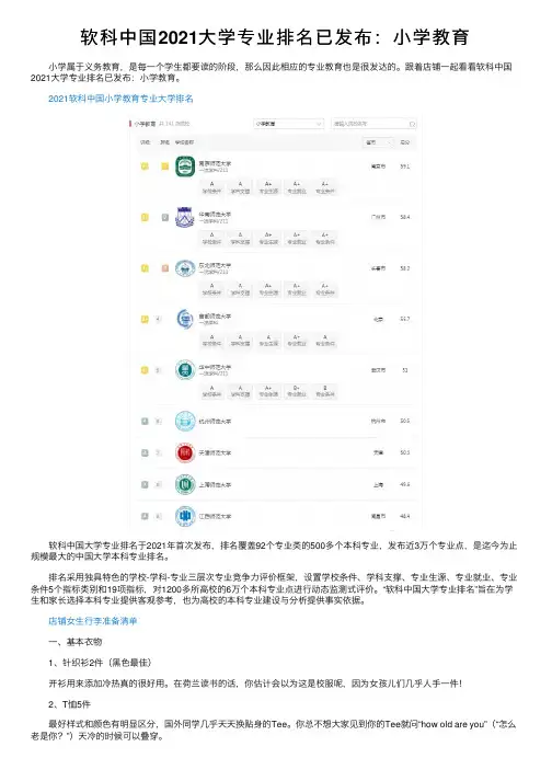 软科中国2021大学专业排名已发布：小学教育