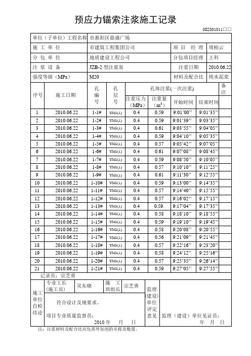 1_1预应力锚索注浆施工记录文本