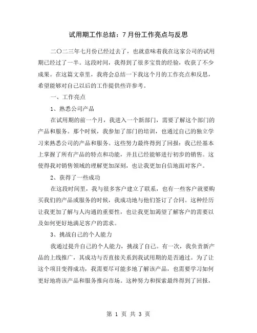 试用期工作总结：7月份工作亮点与反思