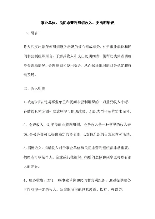 事业单位、民间非营利组织收入、支出明细表