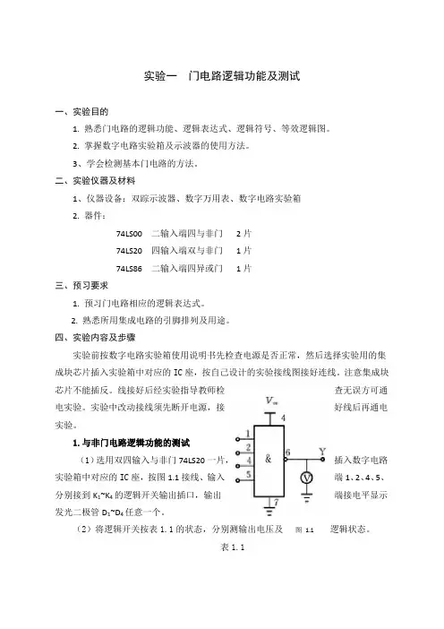 门电路逻辑功能及测试