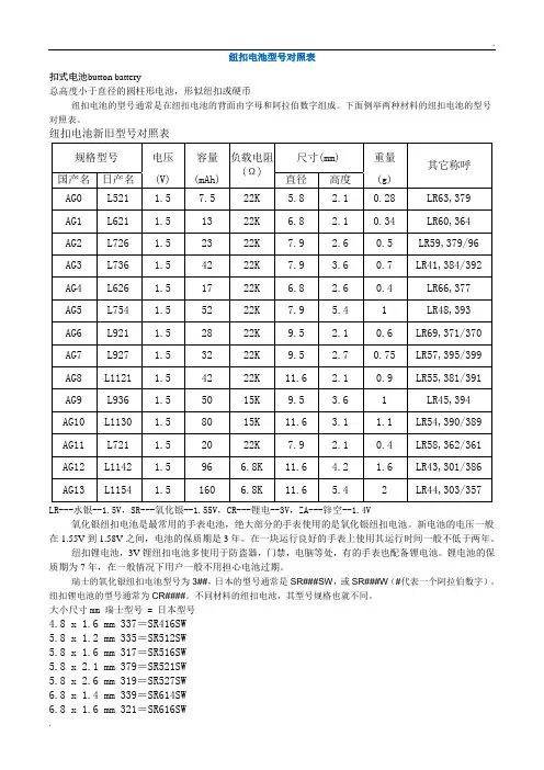 纽扣电池型号对照表