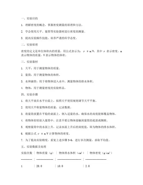 物体测量密度实验报告