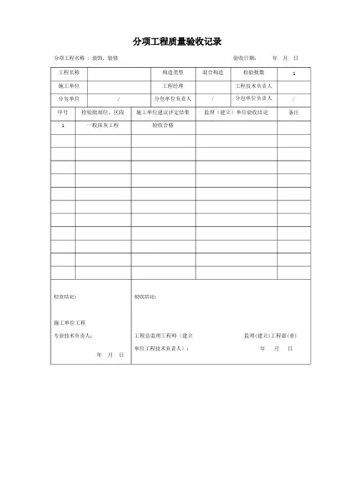 一般抹灰分项工程质量验收记录、检验批及报验申报表