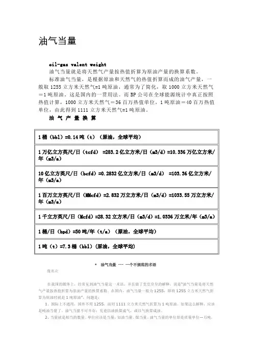 油气当量 单位换算