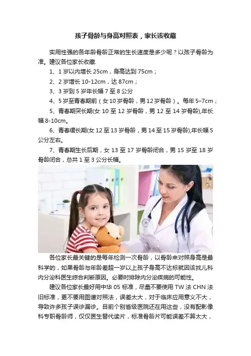 孩子骨龄与身高对照表，家长该收藏