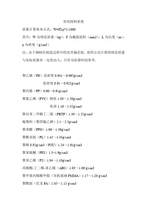 常用材料密度
