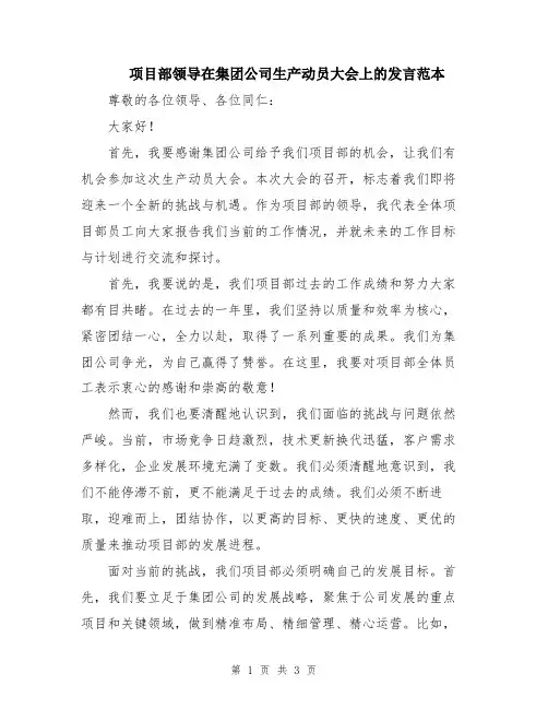 项目部领导在集团公司生产动员大会上的发言范本