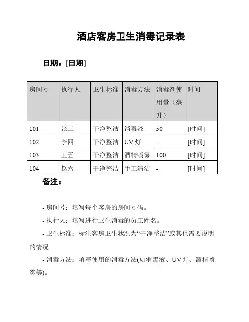 酒店客房卫生消毒记录表