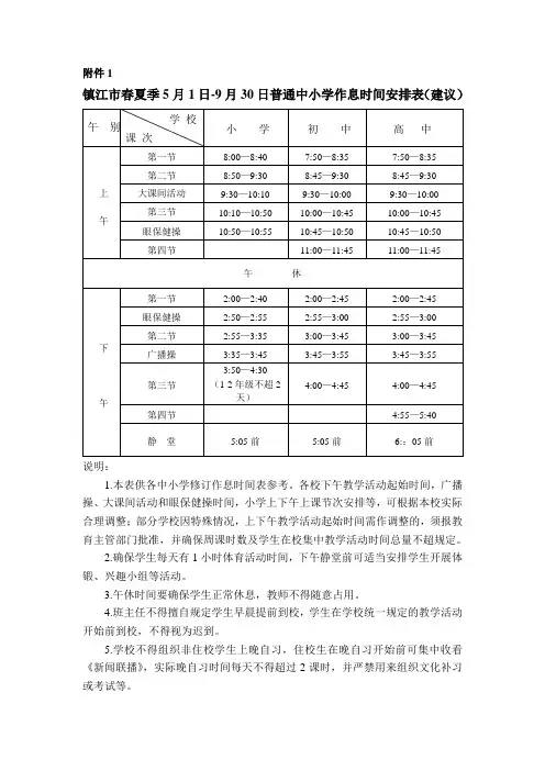 镇江市春夏季5月1日-9月30日普通中小学作息时间安排表...