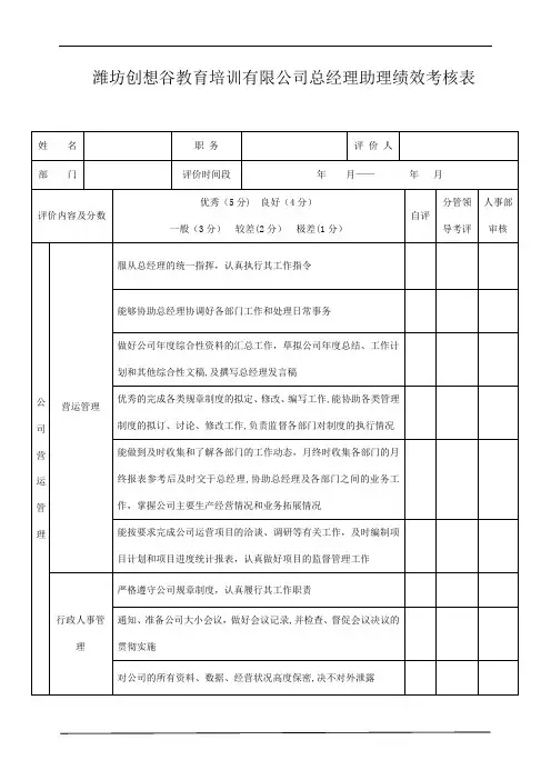 总经理助理绩效考核表