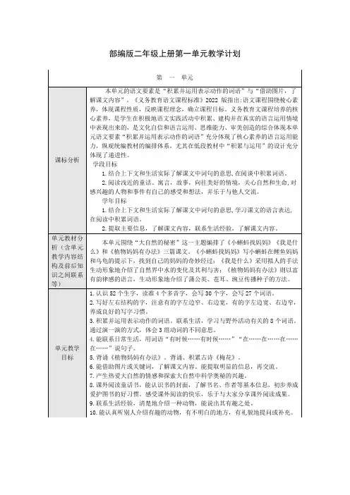 部编版二年级上册第一单元教学计划(表格式含课标分析)