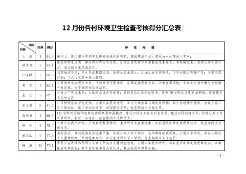 12月份各村环境卫生检查考核得分汇总表