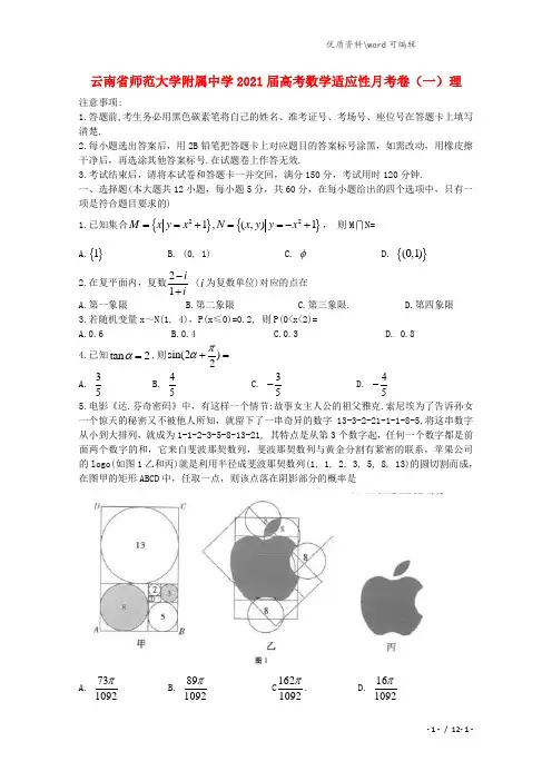 云南省师范大学附属中学2021届高考数学适应性月考卷(一)理.doc