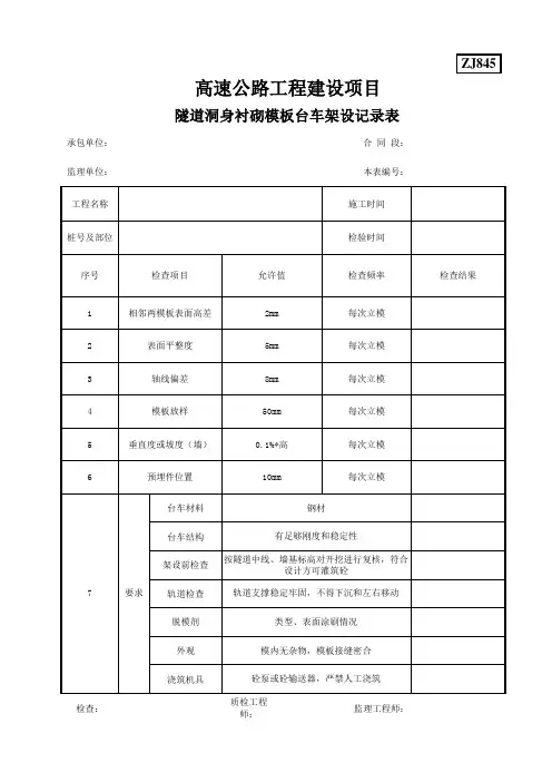 ZJ845隧道洞身衬砌模板台车架设记录表