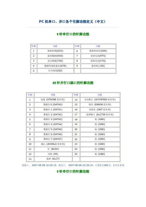 PC机串口、并口各个引脚功能定义(中文)