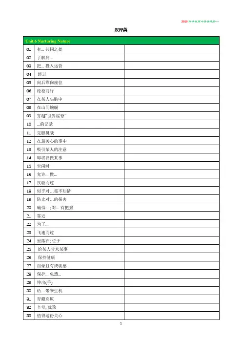 2019外研社高中英语选修一Unit 6 Nurturing Nature短语英汉互译表