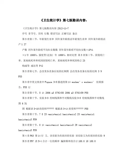 《卫生统计学》第七版勘误内容：
