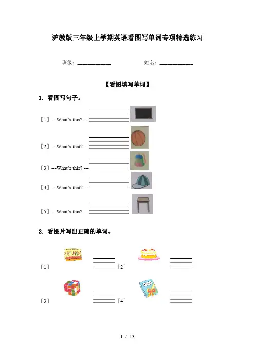 沪教版三年级上学期英语看图写单词专项精选练习