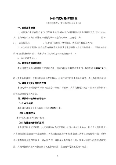 年度财务报表附注 模板