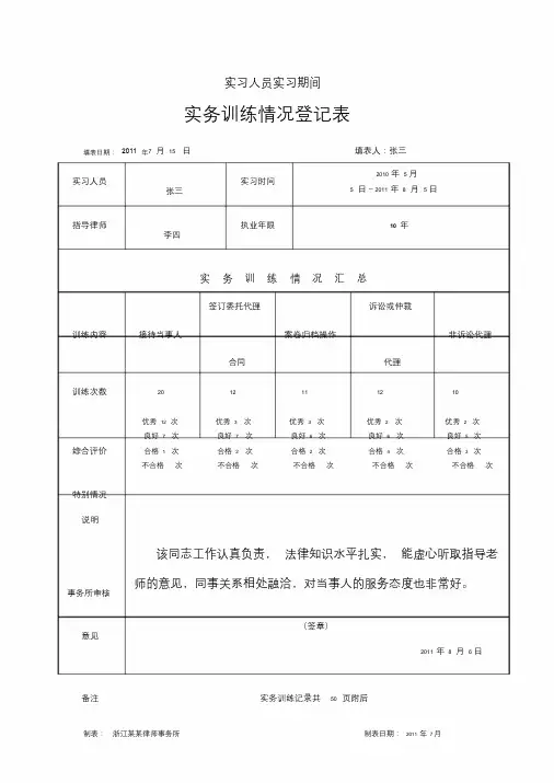 实习律师执业必备材料实务训练情况登记表