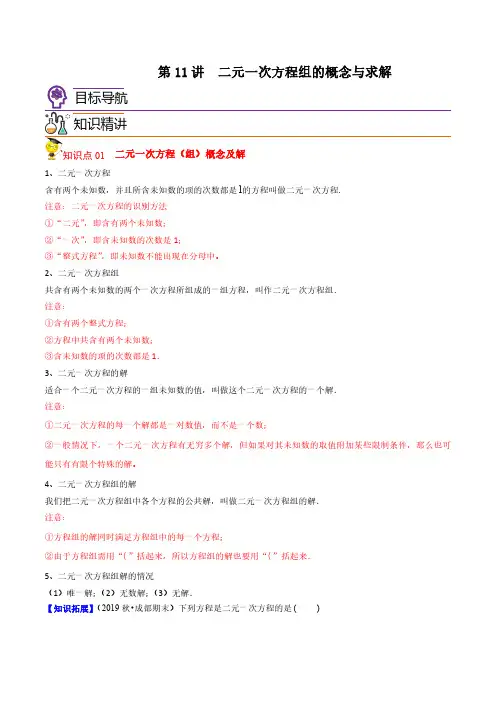 第11讲二元一次方程组的概念与求解(原卷版)